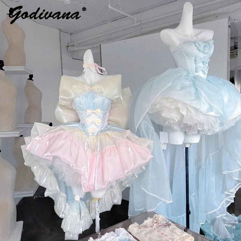 

Fairy Pink Blue Princess Dress Original New Women's Sweet Big Bow Trailing Strapless Birthday Party Dresses