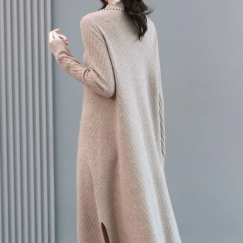 Basic Solid Color Knitted Midi Dress Women\'s Clothing Chic Beading V-Neck Autumn Winter Solid Color Loose A-Line Split Dresses