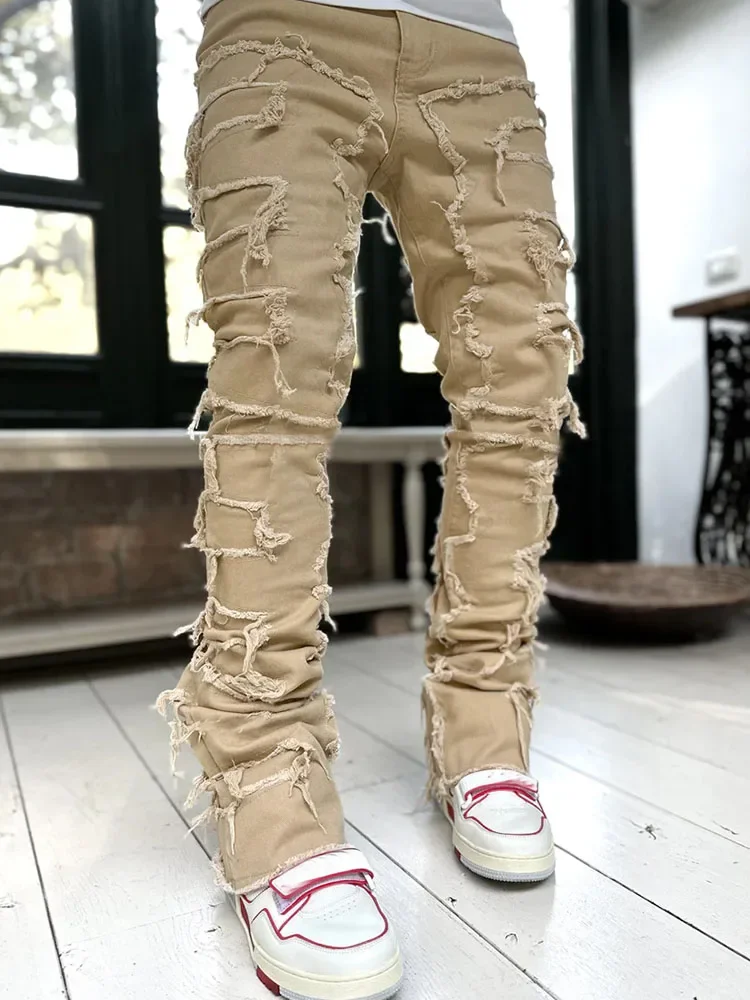 High Street White Heren Gestapelde Jeans Gestrekte Patchwork Kwastje Beschadigde Denim Lange Broek Hip-Pop Broek Voor Mannen