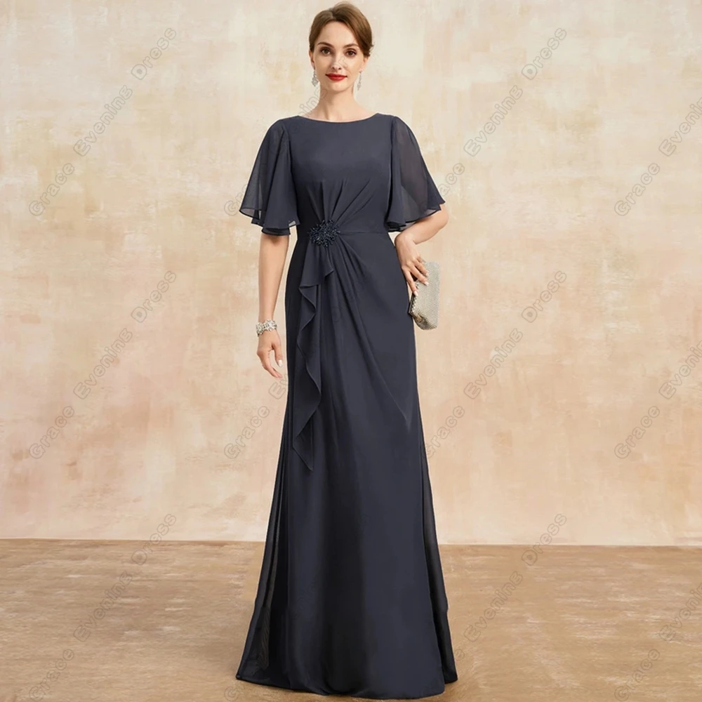 Chiffon Half Sleeve Mother of Bride Dresses for Women Scoop Sheath Beach Wedding Party Dresses with Beading Robe De Soirée 2024