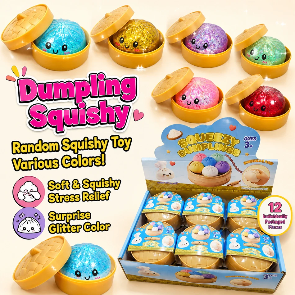 Glitter Dumpling Squishy Soft TPR Squeeze Ball Steamer Box Stress Relief Sensory Fidget Slow Rising Decompression Desk Decor