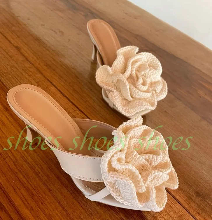 Women Ivory Crochet Knit 3D Flower Square Toe Stiletto Mules Sandals Slip On Backless Slide High Heels Wedding Bridal Summer 46
