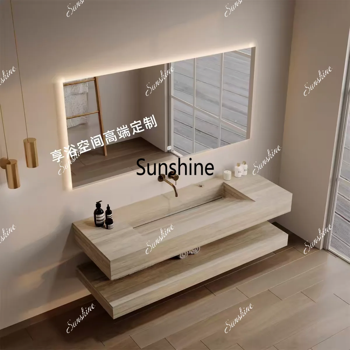 Rock slab integrated seamless basin, bathroom washstand single and double basin customization