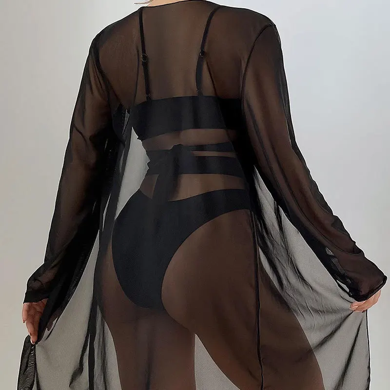 3Pcs Crisscross Cutout Bikini Set Sheer Mesh Cover Up Long Sleeve Women Beach Party Swimwear
