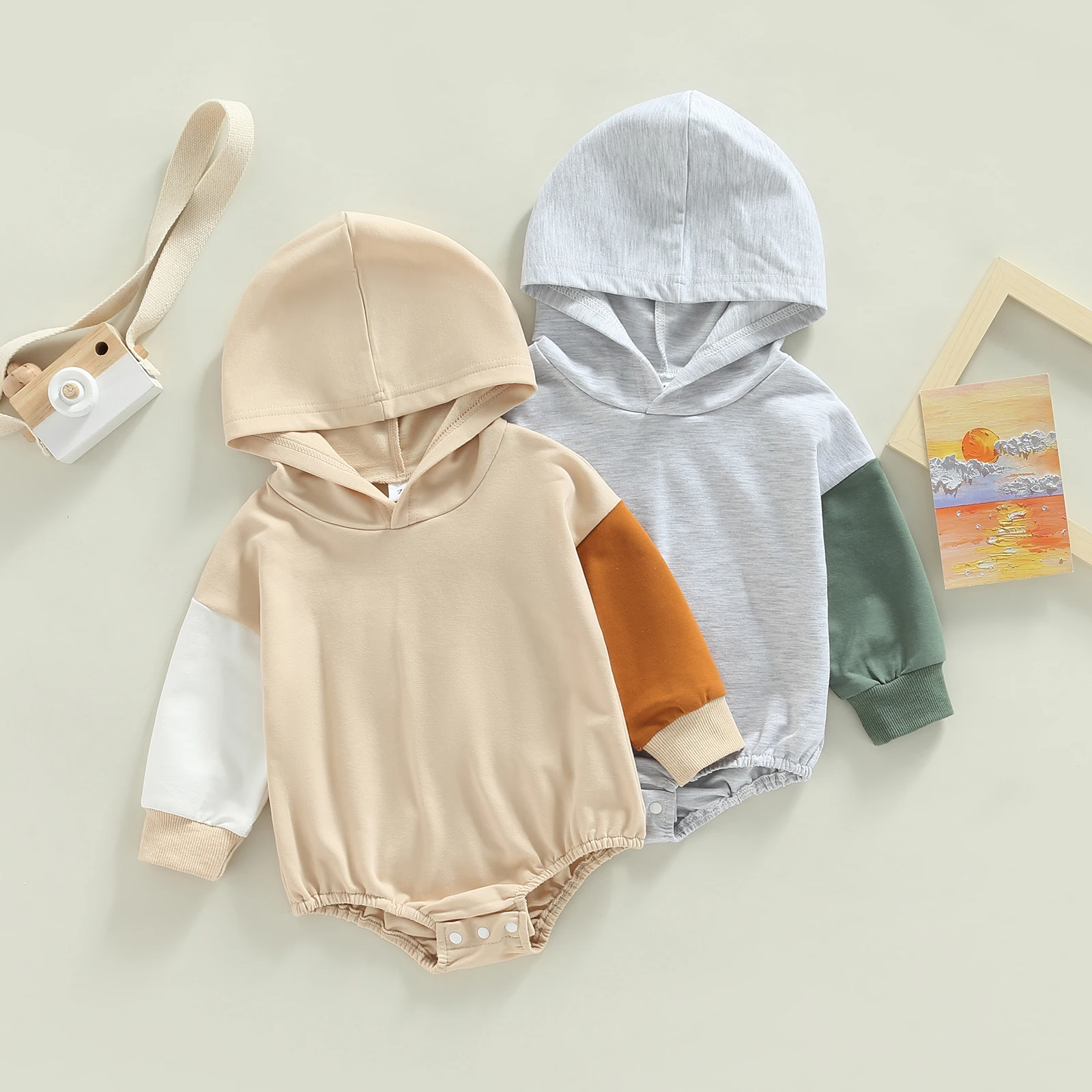 2022-09-23 Lioraitiin 0-18M Infant Baby Boys Girls Bodysuit Long Sleeve Hooded Contrast Color Bodysuit for Casual Daily