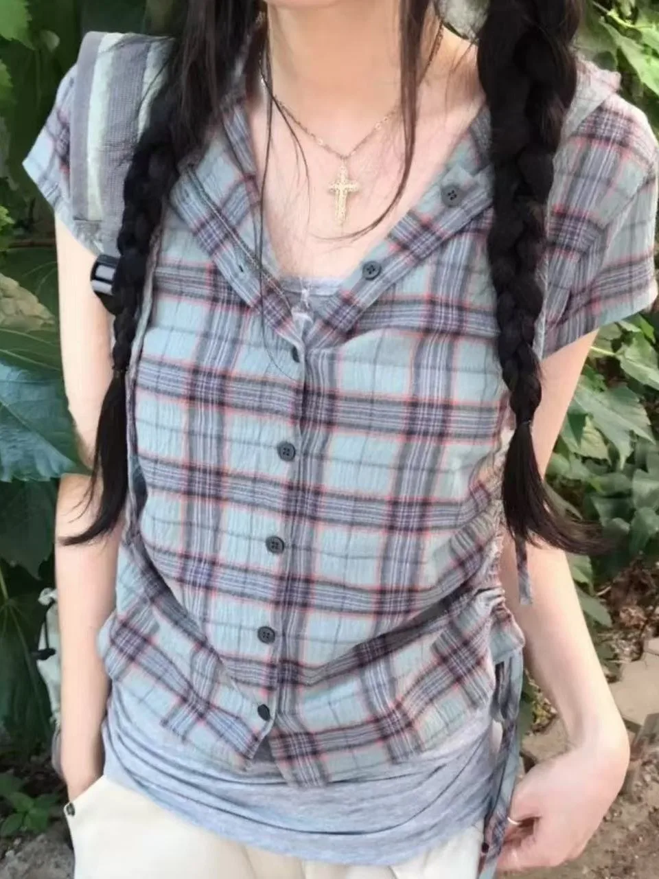 Chic Summer Casual Commute Shirt Short Sleeve Pleated Plaid Drawstring Hooded Button up Top Slim Fit Women's Fashion