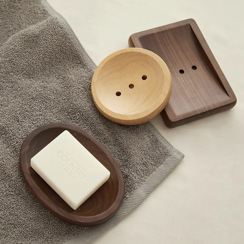 Soap Dish Household Bathroon Soap Tray Box Black Walnut Rectangle Round Oval Home Portable Wooden Soap Holder