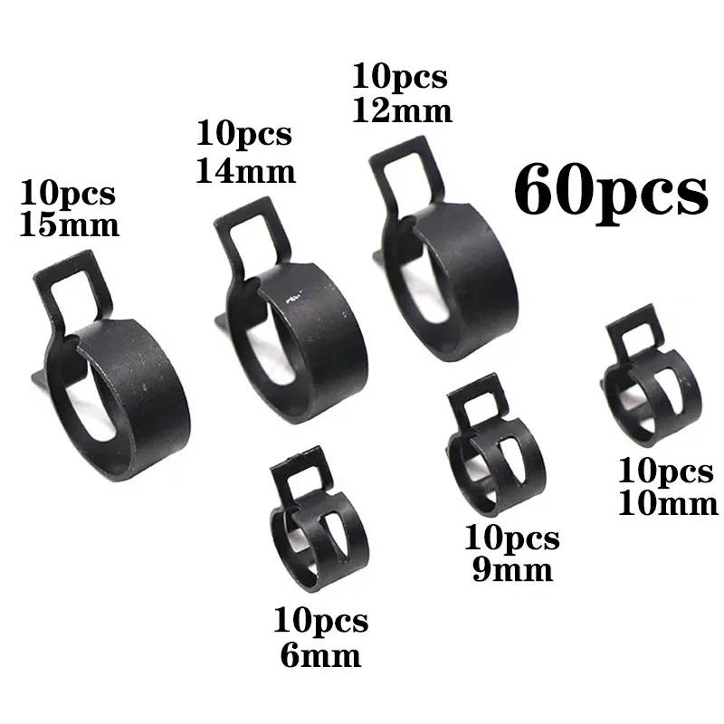 60Pcs/set 6-15mm Bagged Q673B Vacuum Spring Fuel Clip Oil Water Hose Pipe Tube Clamp Black Assortment Kit