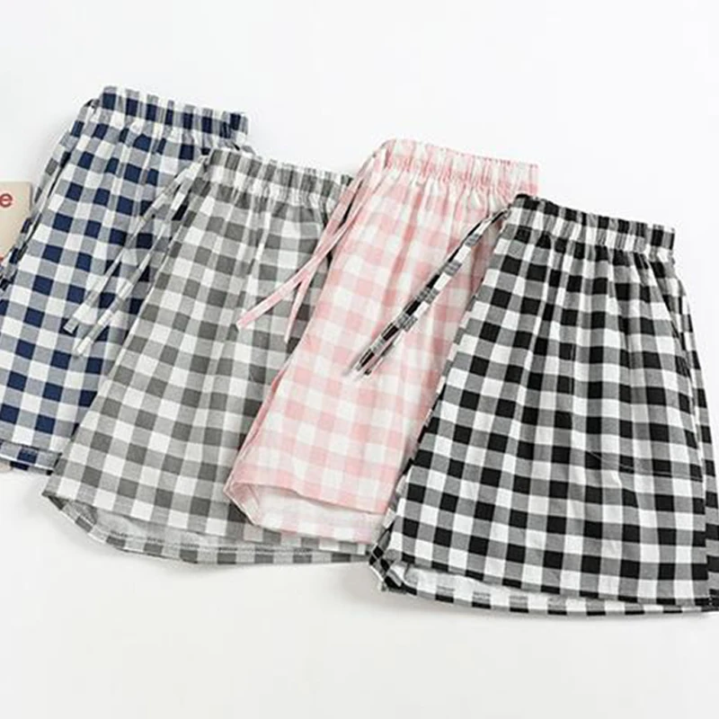 Fashion High Waist Casual Beach Home Loose Wide Leg Plaid Shorts For Women