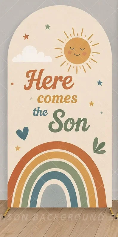Here Comes the Son First Birthday Mountain Arch Cover Backdrop Retro Sunshine Rainbow Boy 1st Birthday Party background
