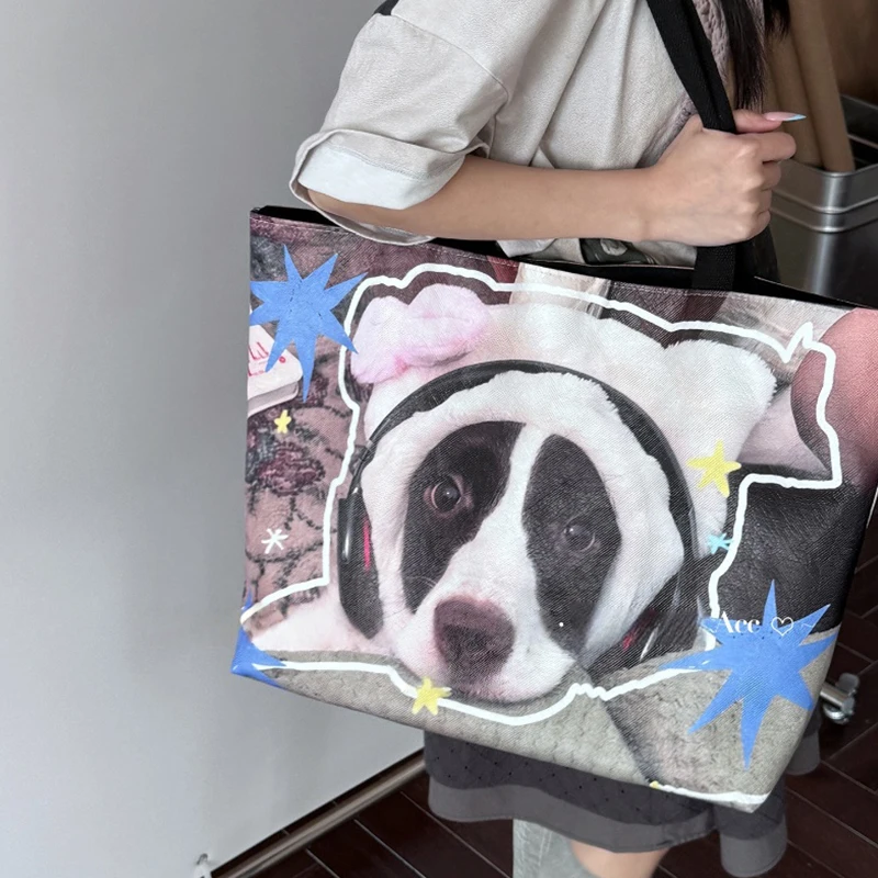 

Cute Dog Print Tote Bag Double-sided Design Large Capacity Canvas Shoulder Bag Women Casual Shopping Handbag