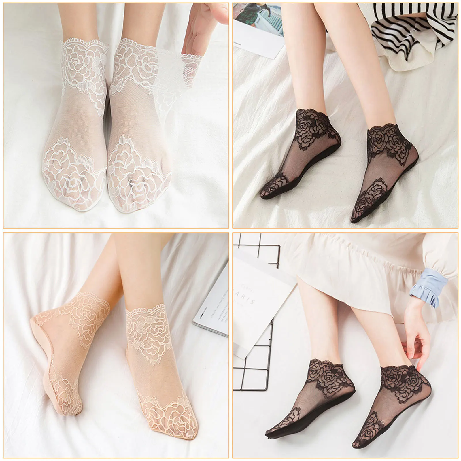 

Lace Socks 4 Pairs Thin Shallow Mesh White Blended Summer Flower Board Shoes Design Comfortable Women Breathing