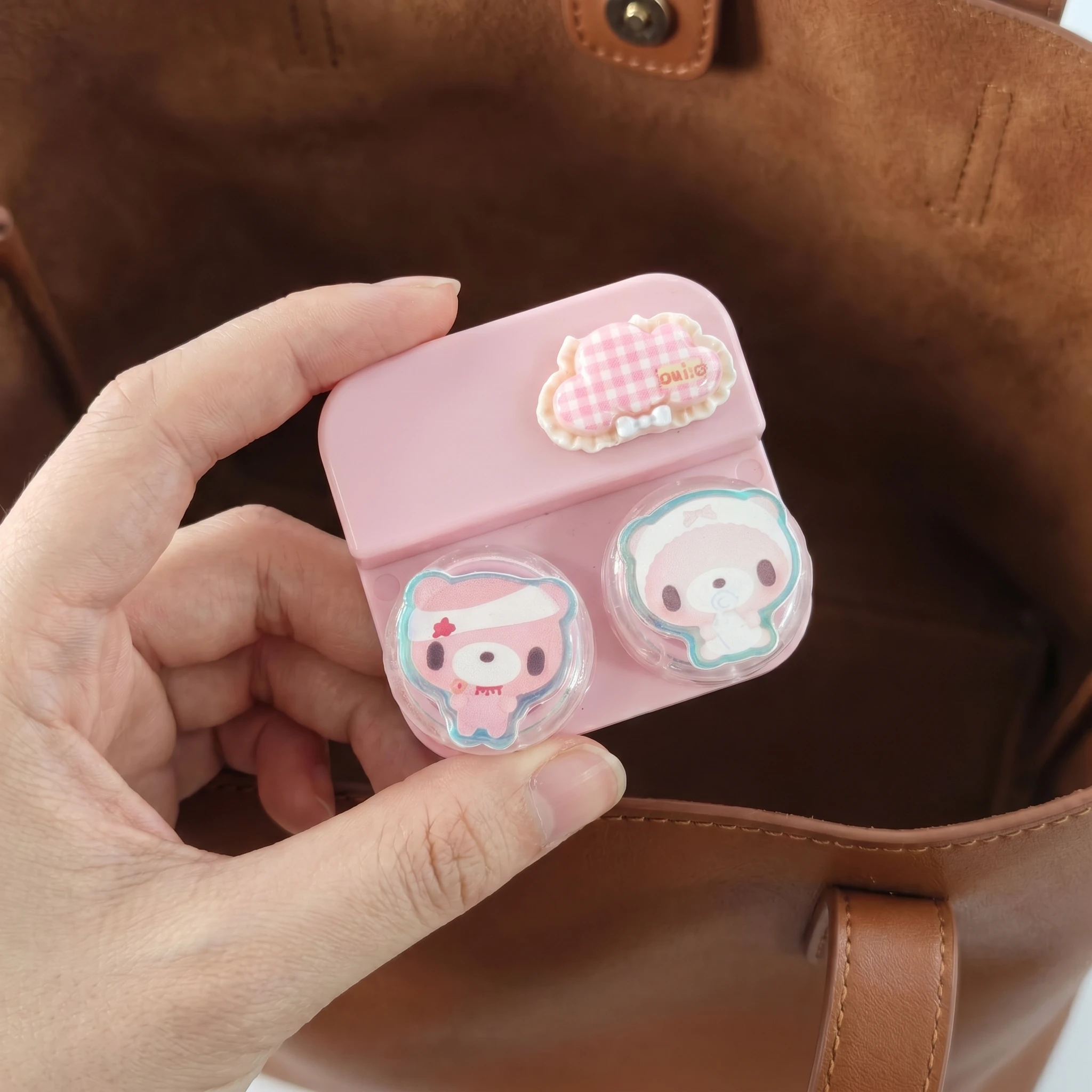 Cute Cartoon Bear Contact Lens Case Pink Plaid Cloud Portable Mini Lens Storage Box For Girls