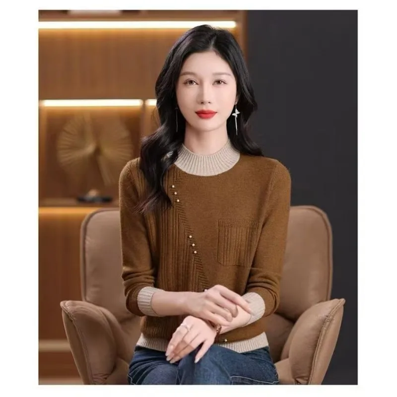 Moda ocidental cor combinando meia gola alta camisola espessada 2025 outono inverno novo topo solto camisola de malha