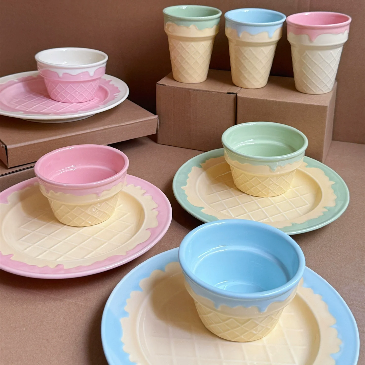 Ice Cream Shaped Ceramic Tableware,Home Girlish Couple Dessert Bowl,Salad Plate Set,Cream Colored Personal Bowl,Breakfast Cup