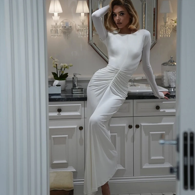 

Ticketsx White Backless Long Dress Women's Fashiona Gathered Long-Sleeved High-Waisted Dress Sexy Luxury Party Evening Dress