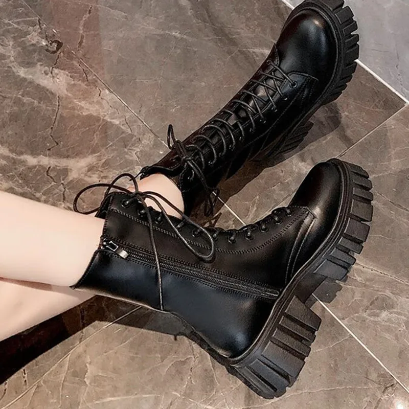 

Women Motorcycle Boot Wedges Flat Shoes High Heel Platform PU Leather Boots Lace Up Woman Shoes Black Girls Spring/Autumn Ladies