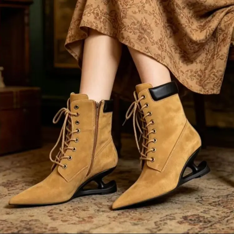 2026 New Camel Faux Suede Pointed Toe Ankle Boots Lace-Up Irregular Heel Western Cowboy Boots Fashion Women Casual Commute Boots
