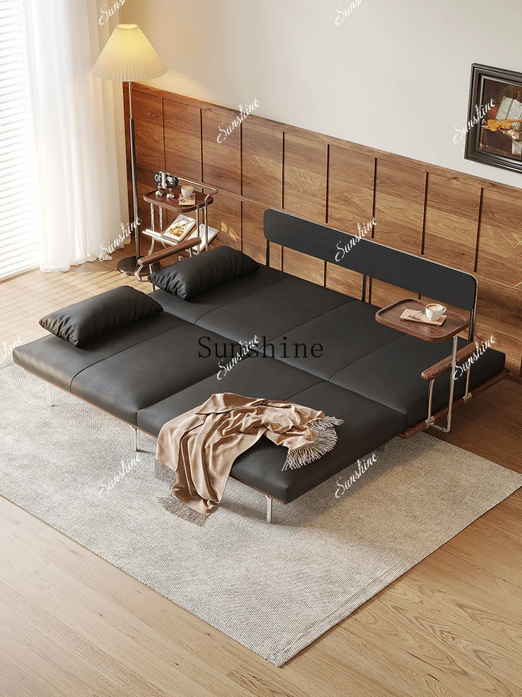 

Black leather mid-style solid wood sofa bed folding dual-purpose small apartmentH