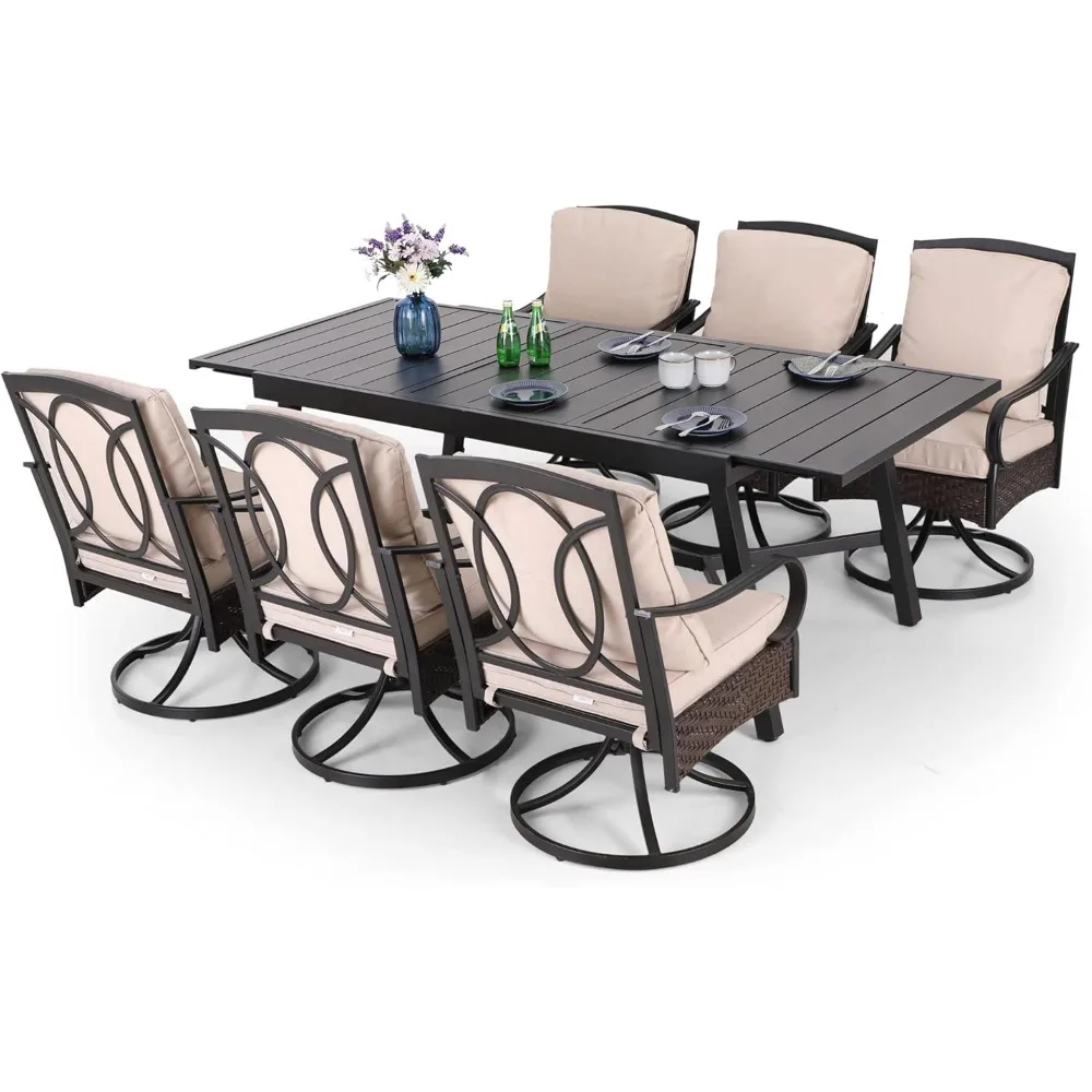 

7 Piece Patio Table Set with Expandable Metal Table Set, Patio Table Set with 6 Rattan and Metal Leg Dining Chairs