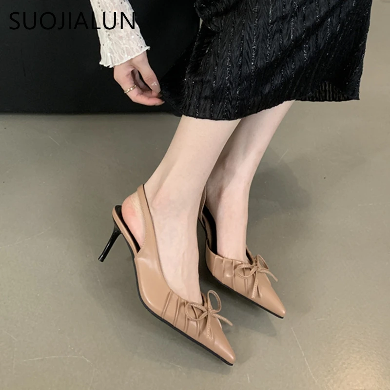 SUOJIALUN Autumn New Women Sandal Fashion Pointed Toe Pleated Ladies Elegant Dress Slingback Shoes Shallow Thin High Heel Pumps