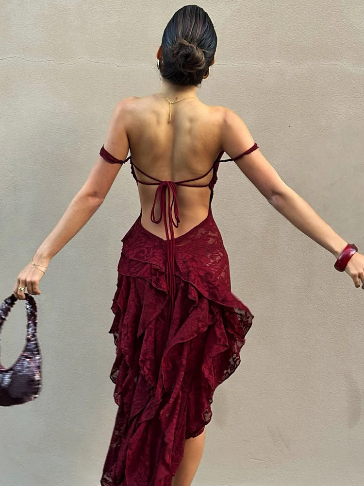 InGrily Elegantes, unregelmäßiges, gestuftes Kleid für Damen, Mesh-Patchwork, Slash-Ausschnitt, Schnürung, rückenfrei, Mitternachtsbankett, Party, lang, figurbetont