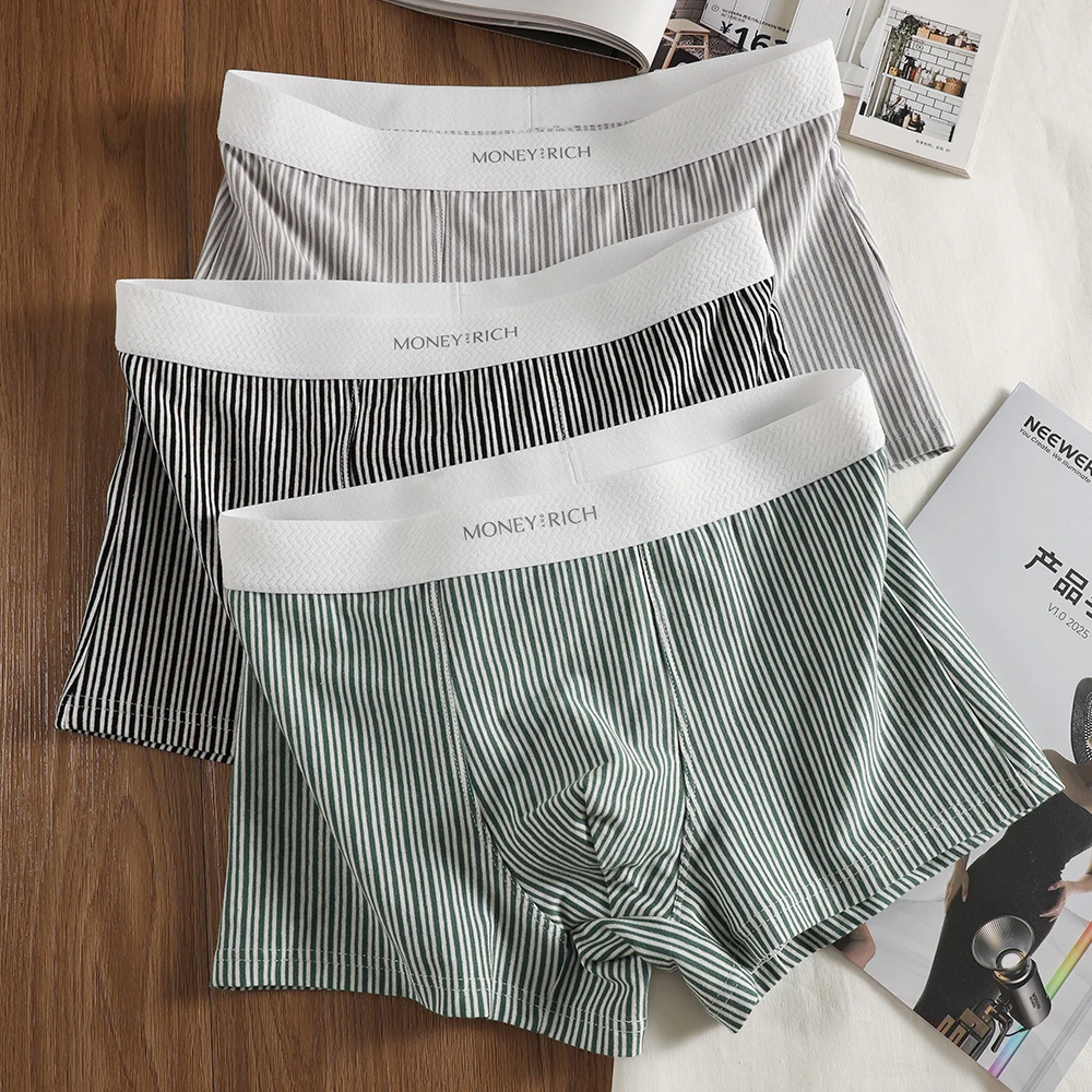 

3PCS/Pack 100% Cotton Simple Knit Striped Men's Panties Antibacterial Breathable Crotch Underpants High Elastic Waistband Boxers