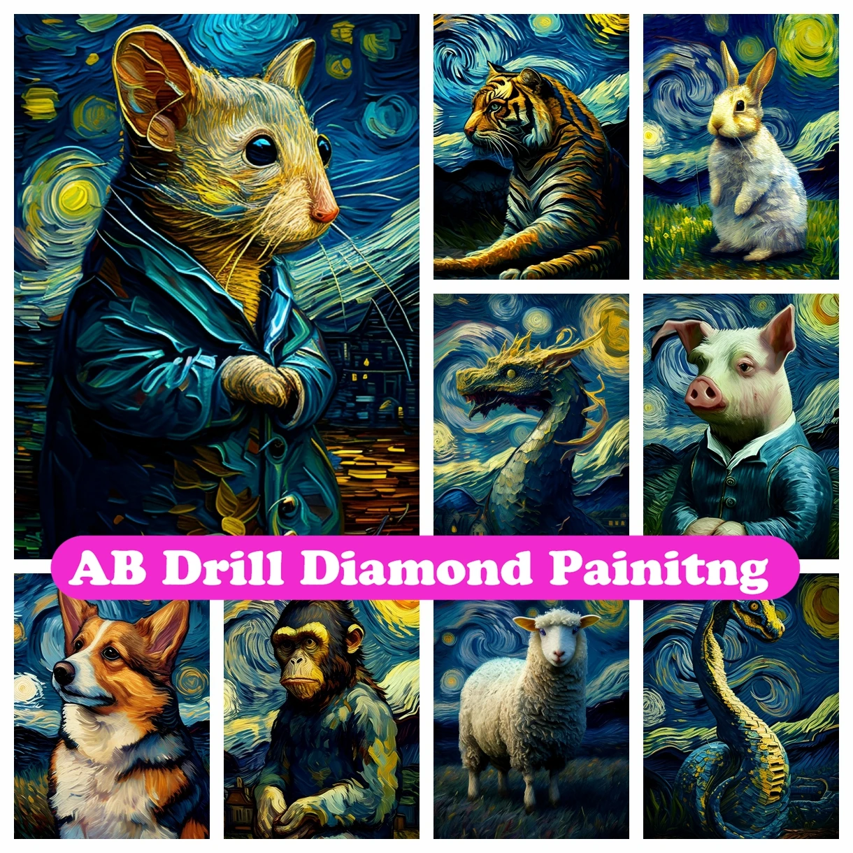 

Van Gogh Starry Night Zodiac 5D DIY AB Diamond Painting Embroidery Fantasy Animal Cross Stitch Kits Mosaic Handicraft Home Decor