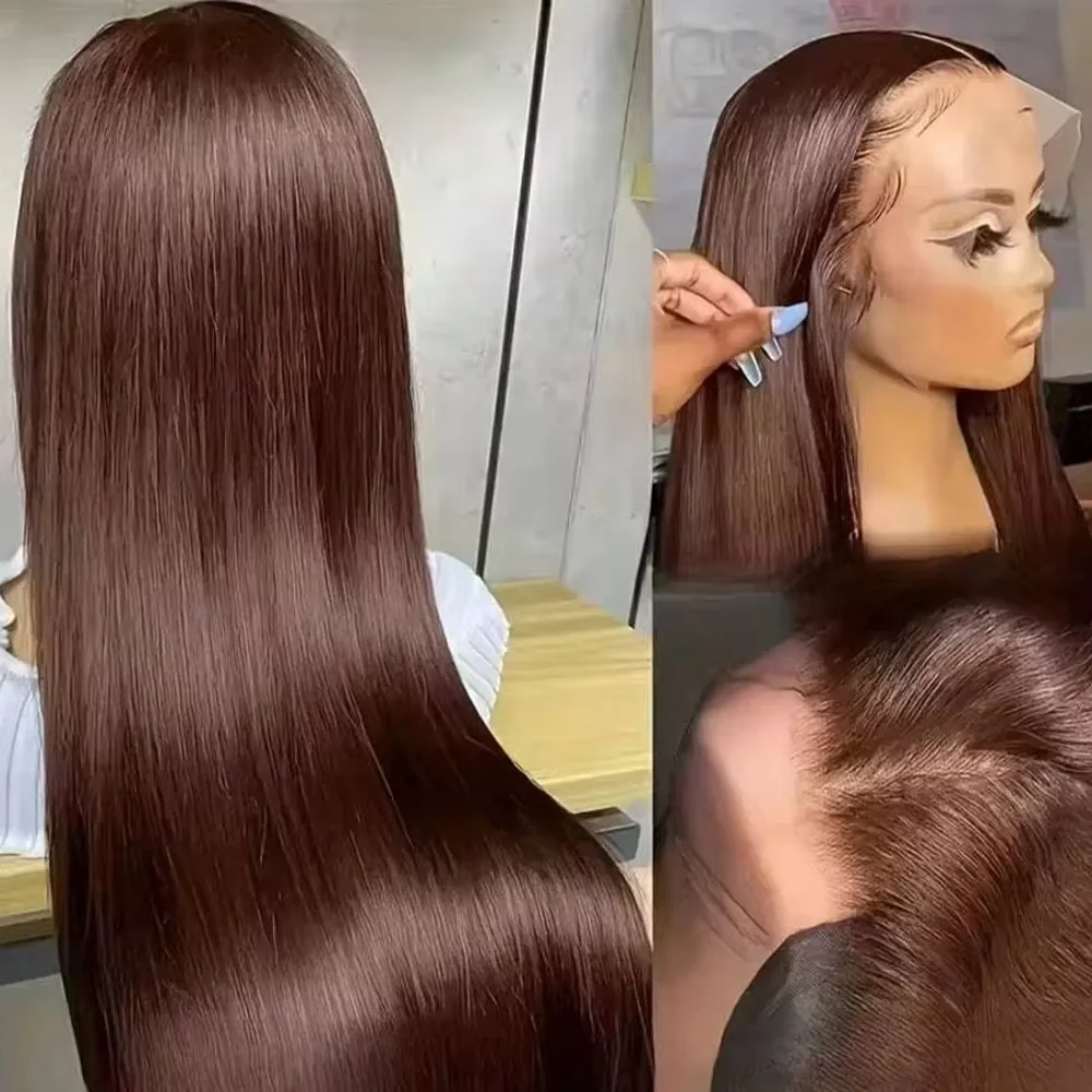 Chocolate Brown Straight Human Hair 13x6 HD Lace Frontal Wig #4 Brazilian 13x4 Lace Front Human Hair Wigs For Women 40 42 Inch - view 3