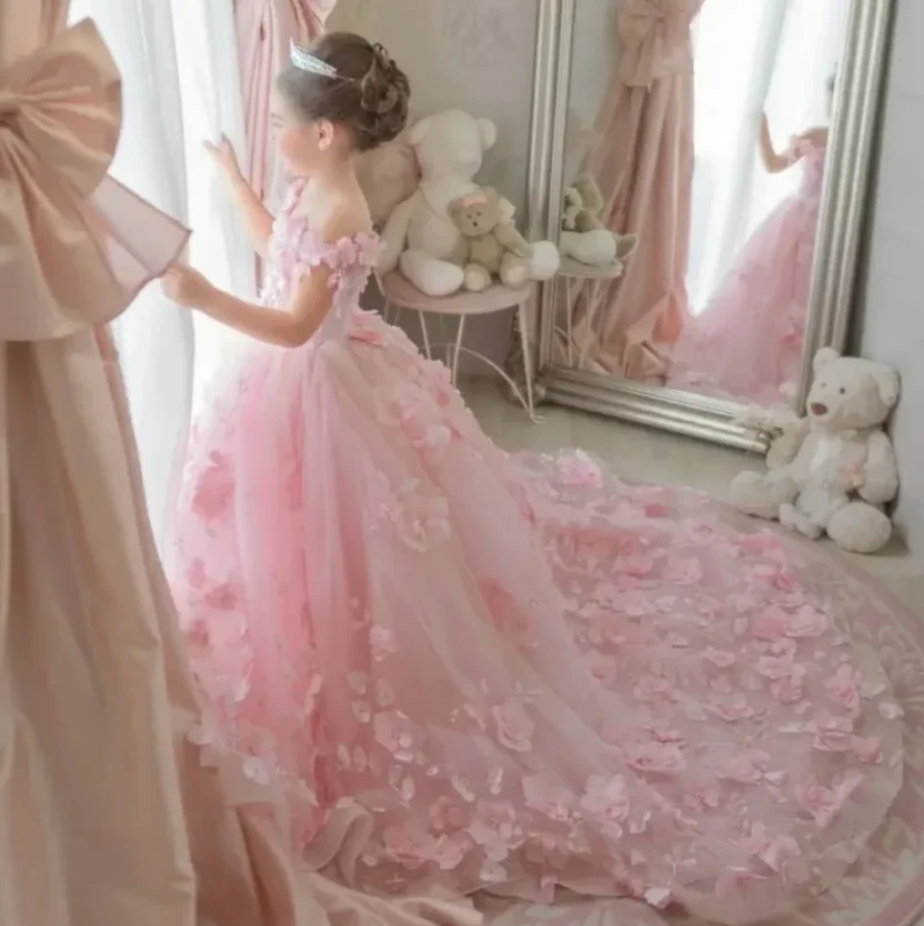 Vestido de baile con hombros descubiertos para niñas, Vestidos de fiesta de cumpleaños, graduación, Apliques de encaje, corsé, vestido de niña de flores para boda