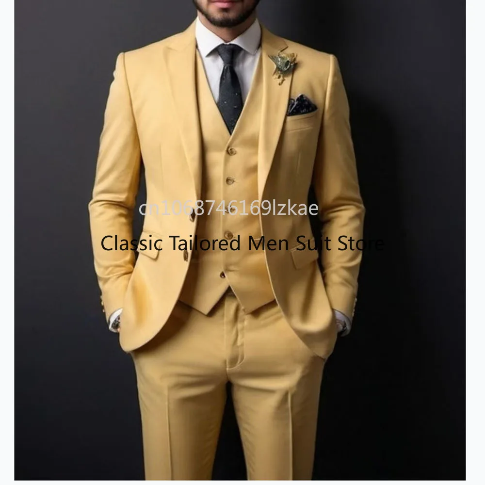 

Formal Yellow Slim Fit Men Suits High Quality Single Breasted Peak Lapel Regular Length Male Clothing 3 Piece Jacket Pants Vest