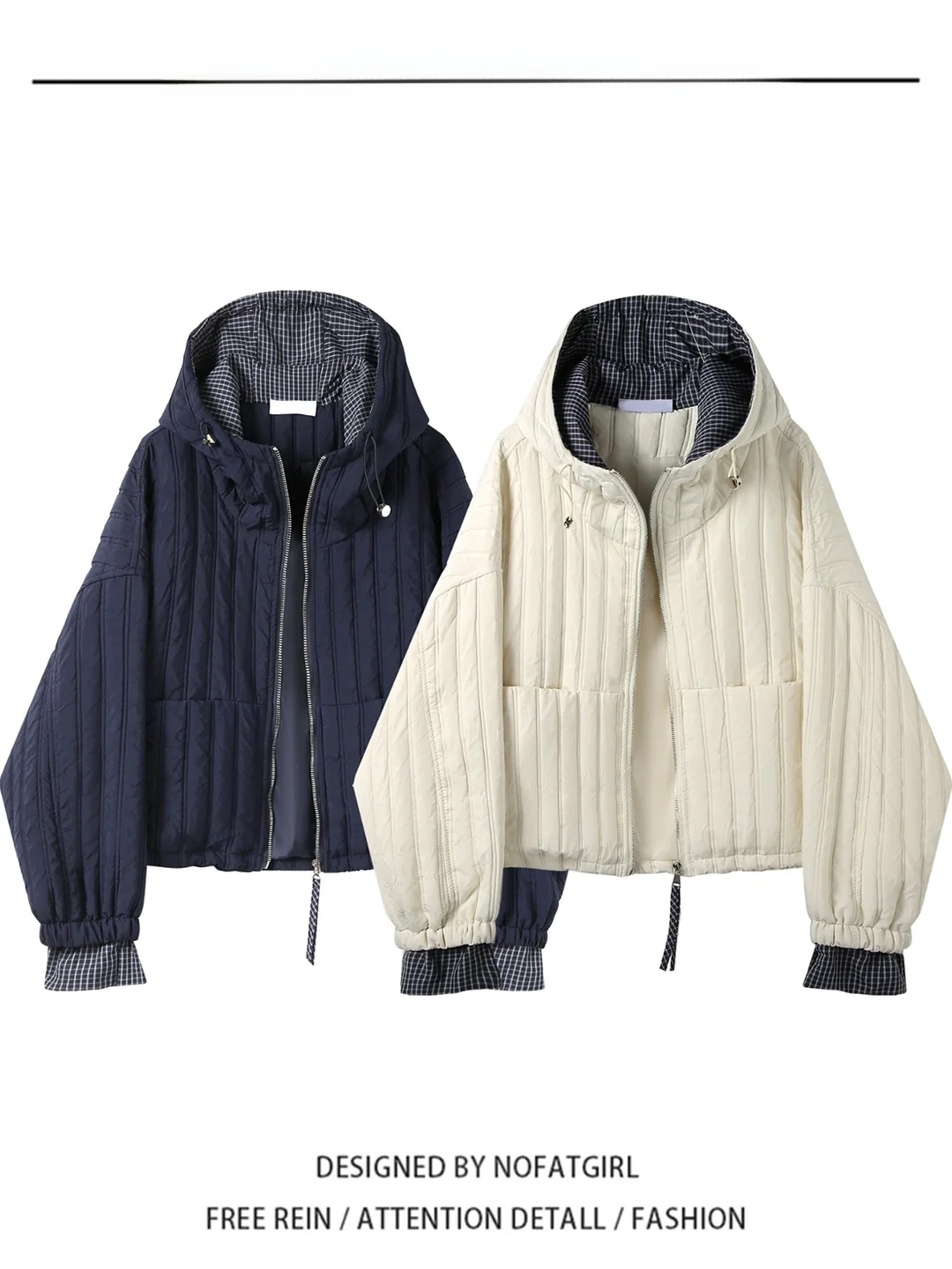 

Unique Fashionable Thickened Short Cotton Jacket for Women with Hood Korean Style Commute Long Sleeve Zipper Closure Plaid Pa...