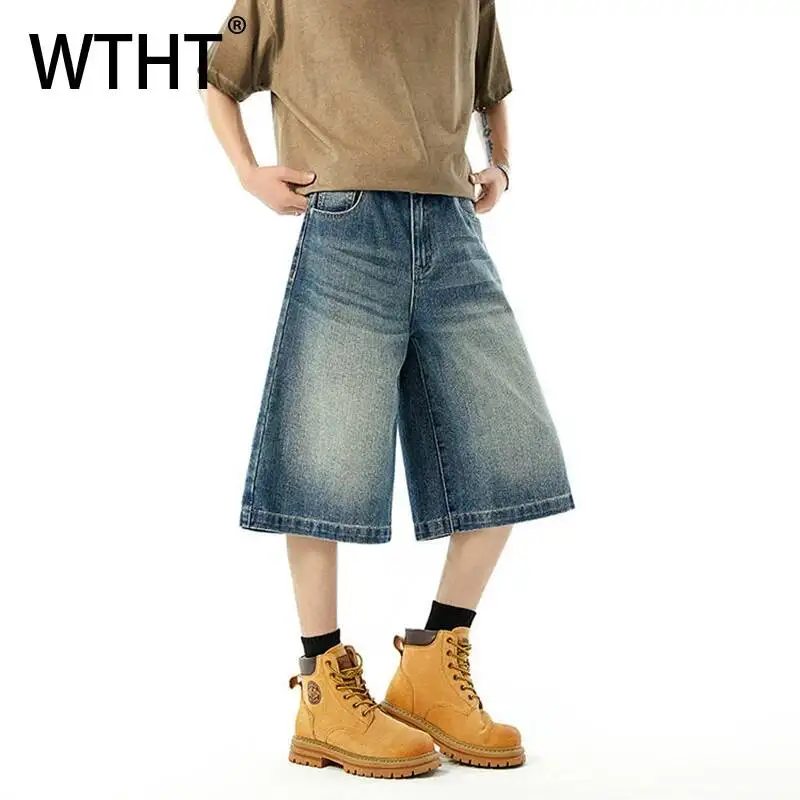 WTHT Fashion 2026 Summer Men's Gradient Do Old Loose Casual Denim Shorts Vintage American Style Wide Leg Short Pants Male 2A3105