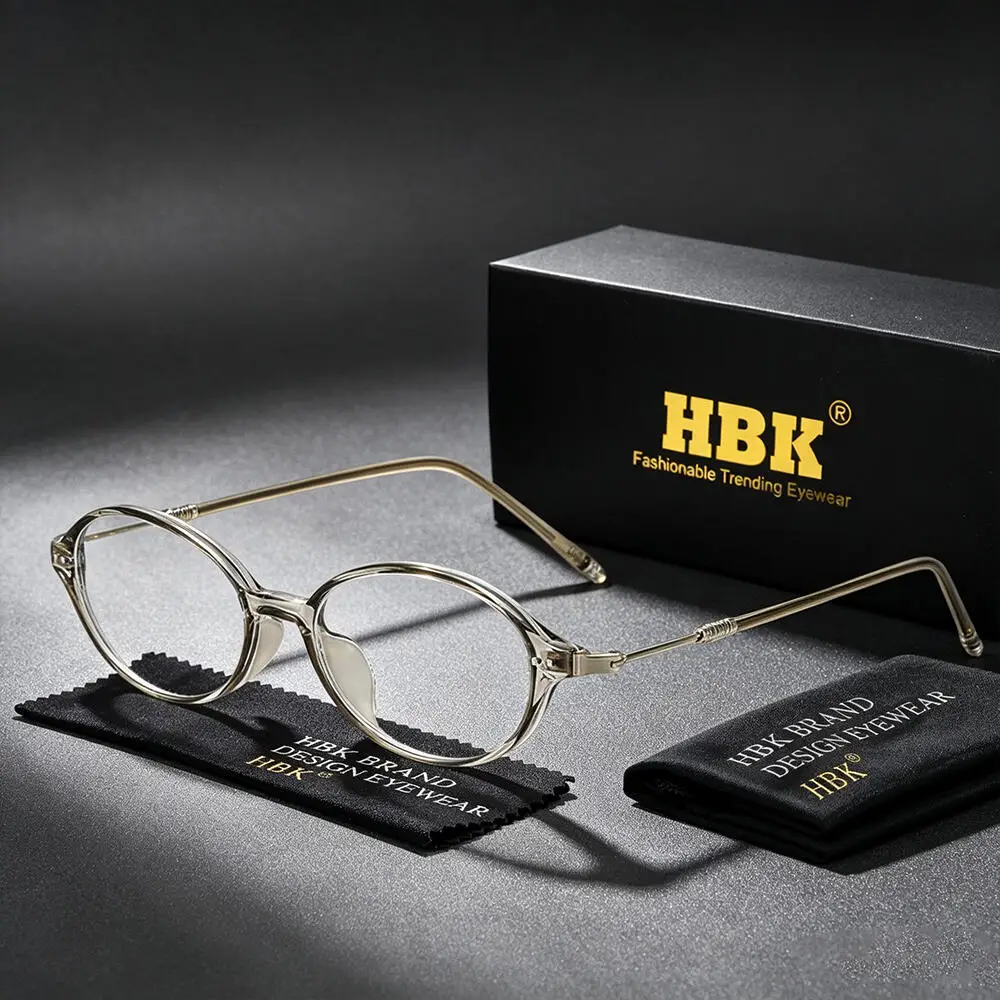 HBK Vintage Men's Oval Flat Lens High-Quality Tr-90 Small Glasses Frame Metal Core Insert Leg Women's Decorative Glasses