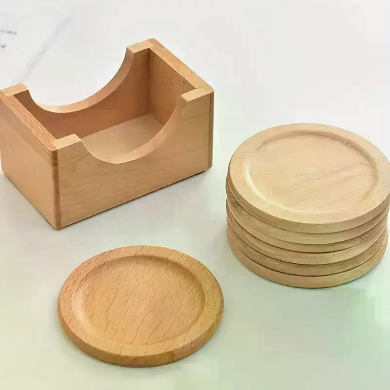 Natural Beech Wood Coaster Set Heat Resistant Storage Holder Home Kitchen Daily Use