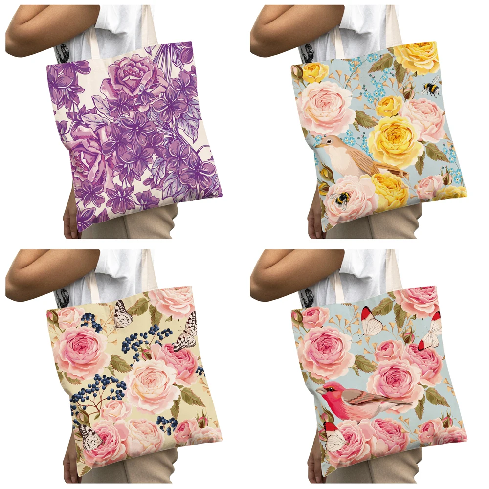 Nordic Cartoon Floral Bird Big Capacity Shopping Bags Tote Handbag Fashion Plant Flower Print Casual Canvas Women Shopper Bag