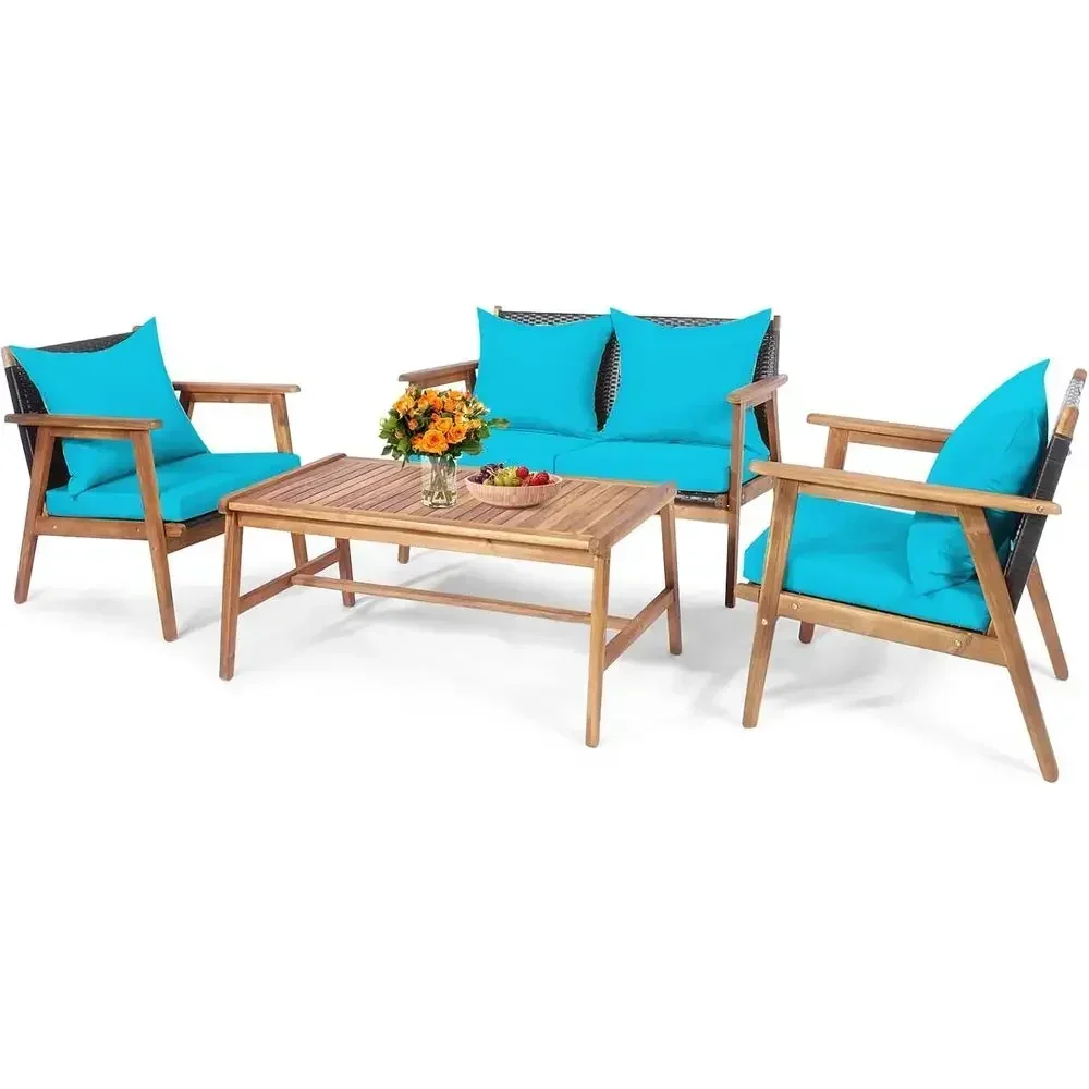 4-Piece Outdoor Acacia Wood Patio Furniture Set with Cushions and Coffee Table, Suitable for Garden, Poolside, and Backyard in T