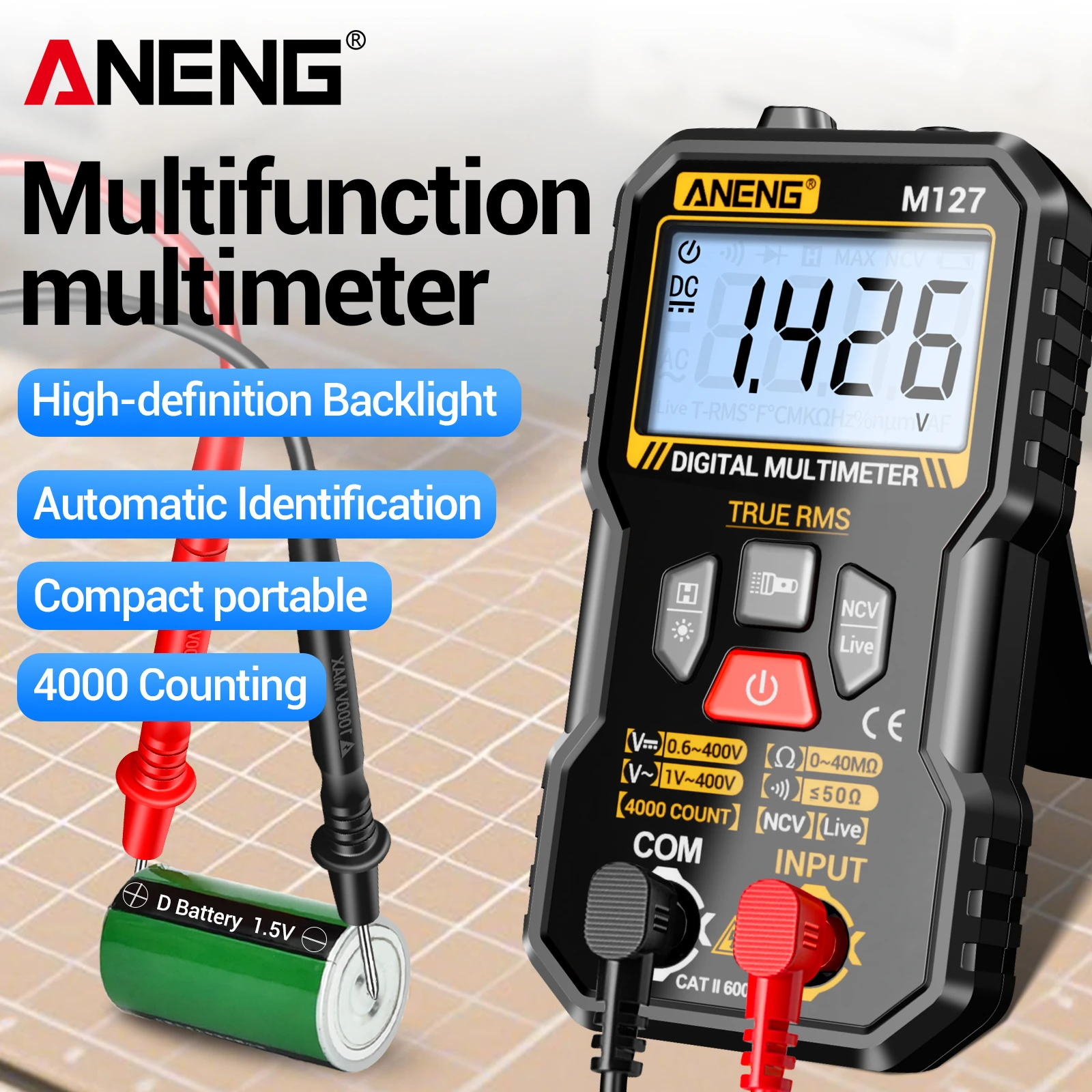 ANENG M127 Digital Multimeter 4000 Counts True RMS Auto Range Multimeter with Backlight NCV Live Wire Test Portable Mini Voltage