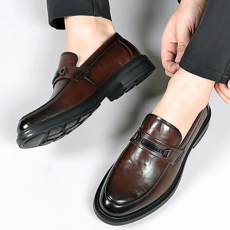 Brand Men Korea Leather Platform Oxfords Slip on Thick Tottom Male Derby Shoes Casual Loafers Mens Square Toe Formal Dress Shoes