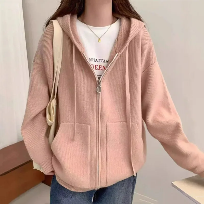 秋冬新韓国語バージョン緩い怠惰な風フード付きセーターニットカーディガンカジュアルソフトワックス状ジッパーセーター女性のコート