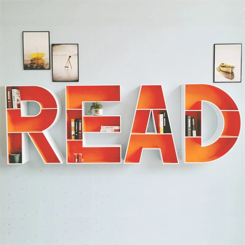 Iron Creative Letter Bookshelf, Personalized Art Bookcase Library Tube Wall Shelf English