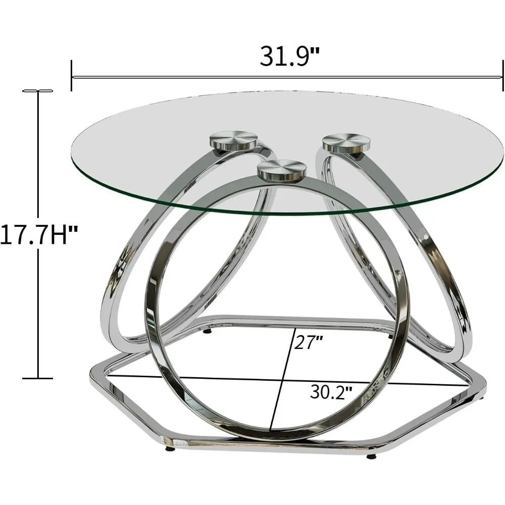 Coffee Table Modern Silver Coffee Living Room Table with Hexagonal Base, Round Coffee Table for HomeOffice, Chrome Finish