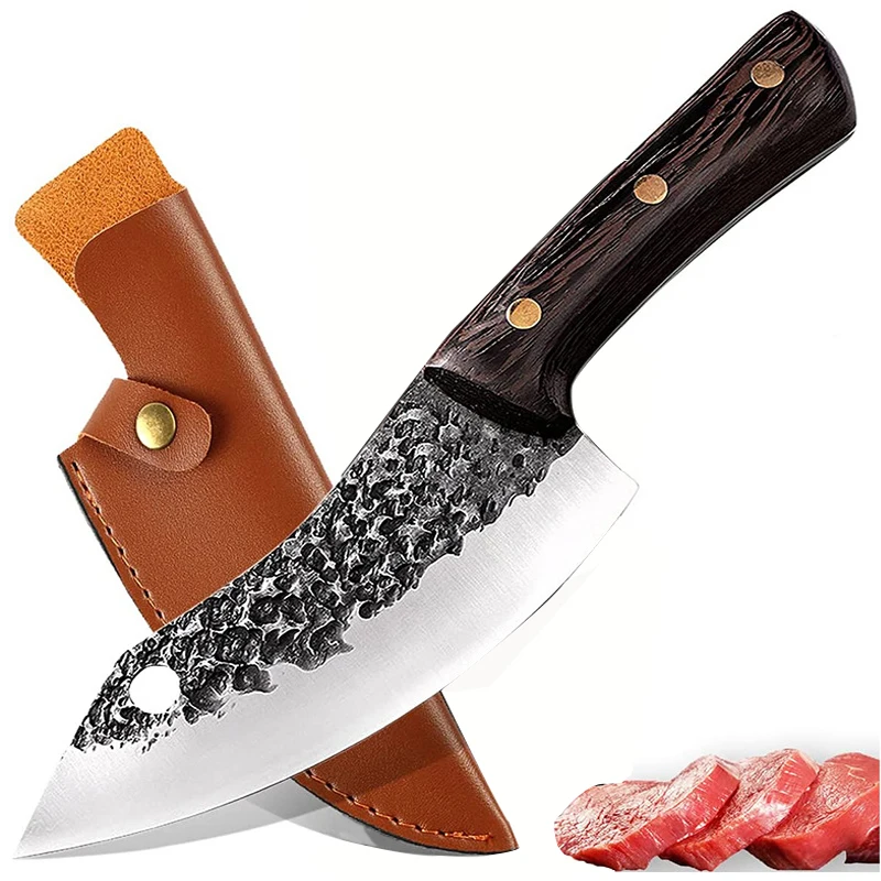 Hand Forged Chef Knife Stainless Steel Kitchen Boning Knives Butcher Knife Meat Vegetable Cutting Knife With Leather Sheath