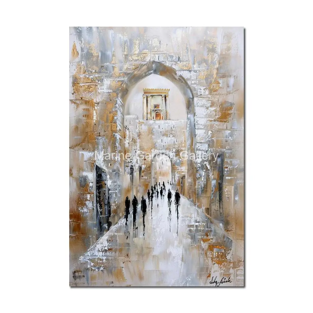 

Textured Canvas Art Jewish Painting Handmade Jerusalem Artwork Old City Temple Gold Contemporary Living Room Decor Judaic Gift