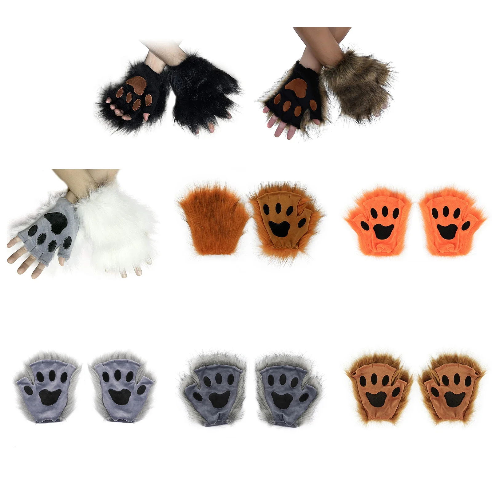 Wolf Paw Faux Fur Cat Fingerless Mittens Warm Winter Gloves for Cosplay Halloween Fancy Party Costume Accessories
