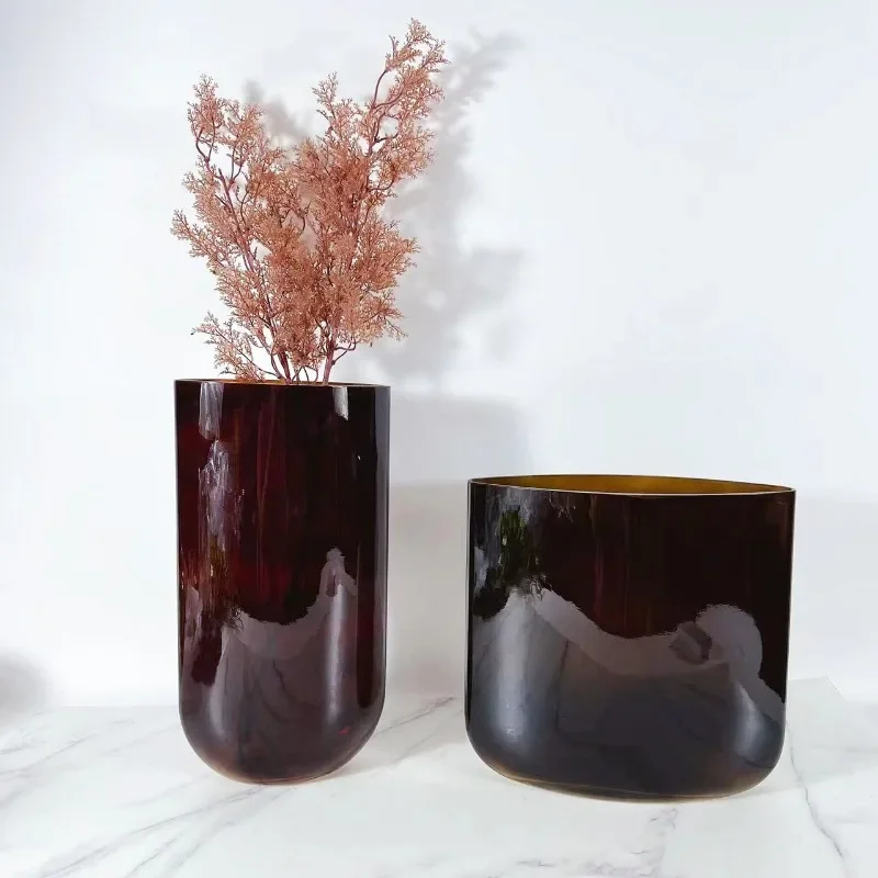 Brown glazed blade flat vase model room flower ware dining table jewelry floral set home high-end ornament