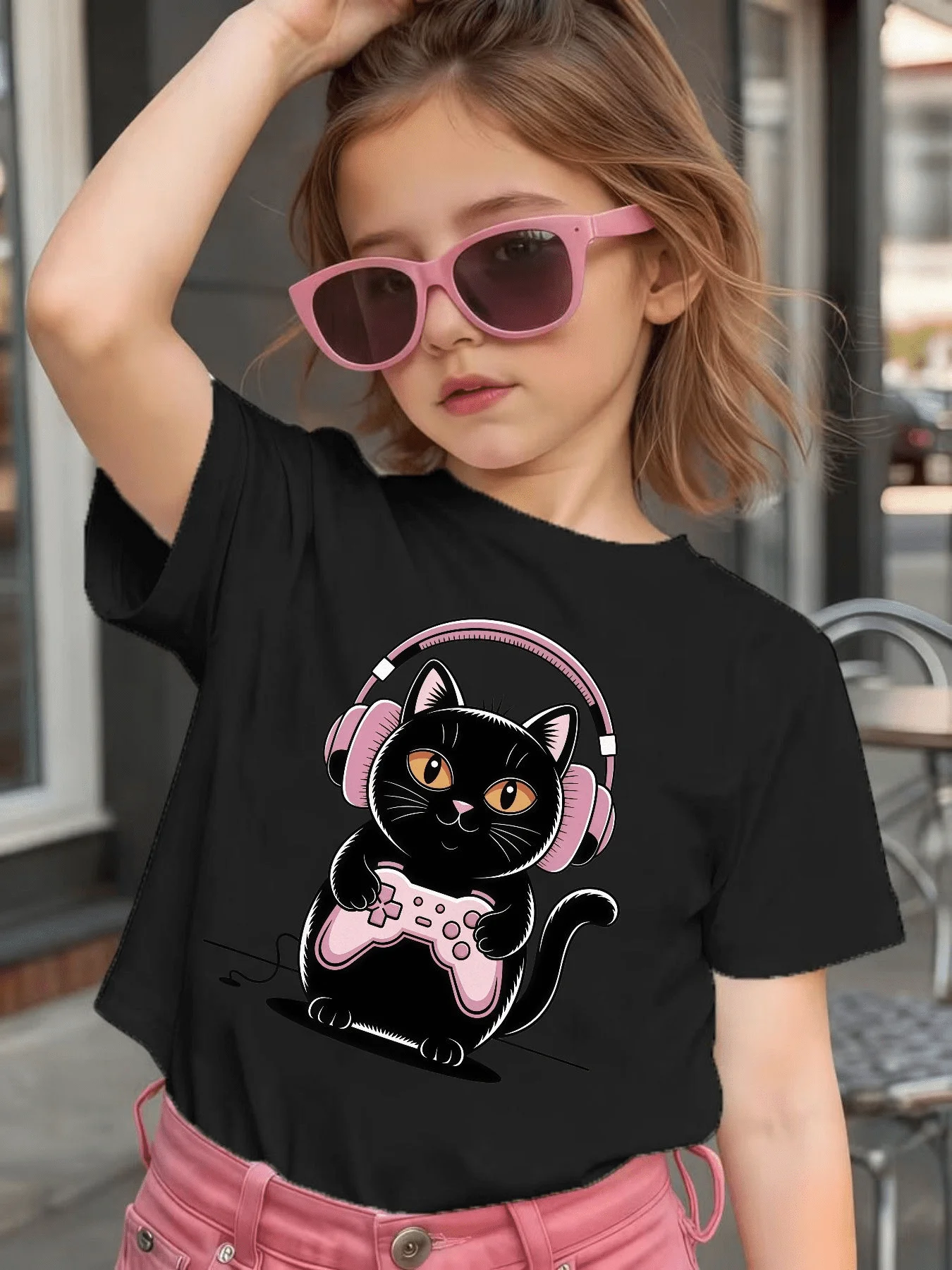 Cute Black Cat Game Controller Cartoon Graphic Kids Tee Boys Girls Family Matching Cotton Crew Neck Short Sleeve Soft Summer Tee