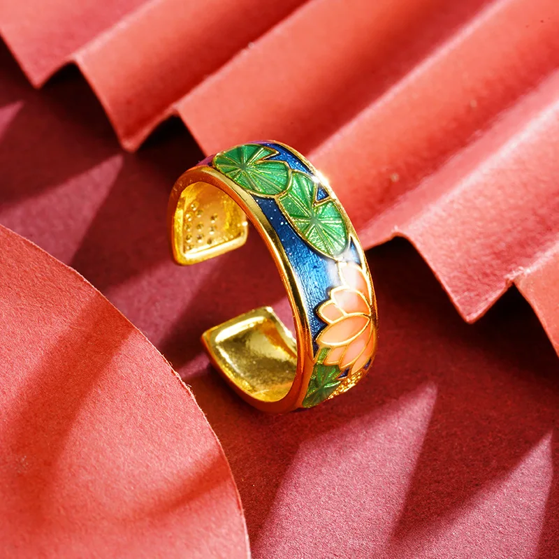 

Sand Gold Enamel Color Lotus Pond Moonlight Open Ring Feminine Retro Chinese Style Copper Alloy Has Not Faded