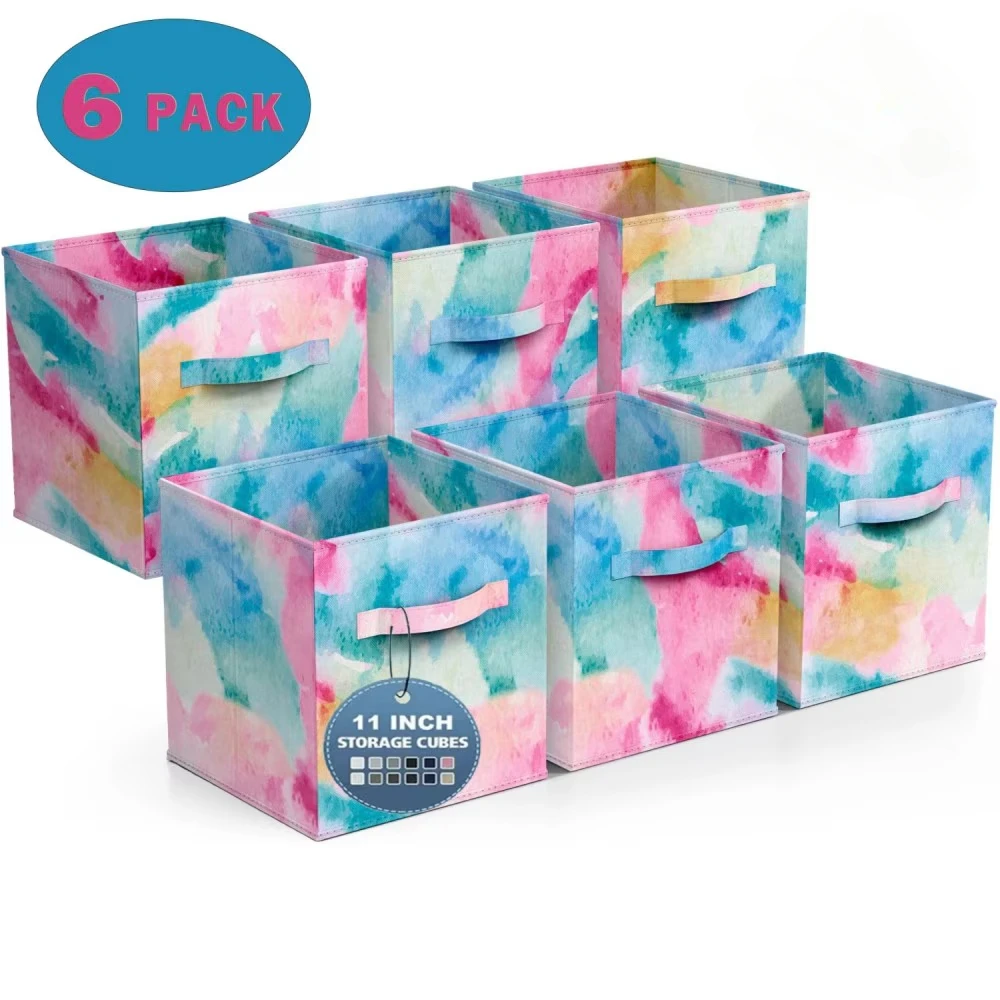 

11 Inch Fabric Storage Cubes - 6 Foldable Tie Dye Storage Bins for Organizing Cubbies,Clothes Storage & Closet Organizer