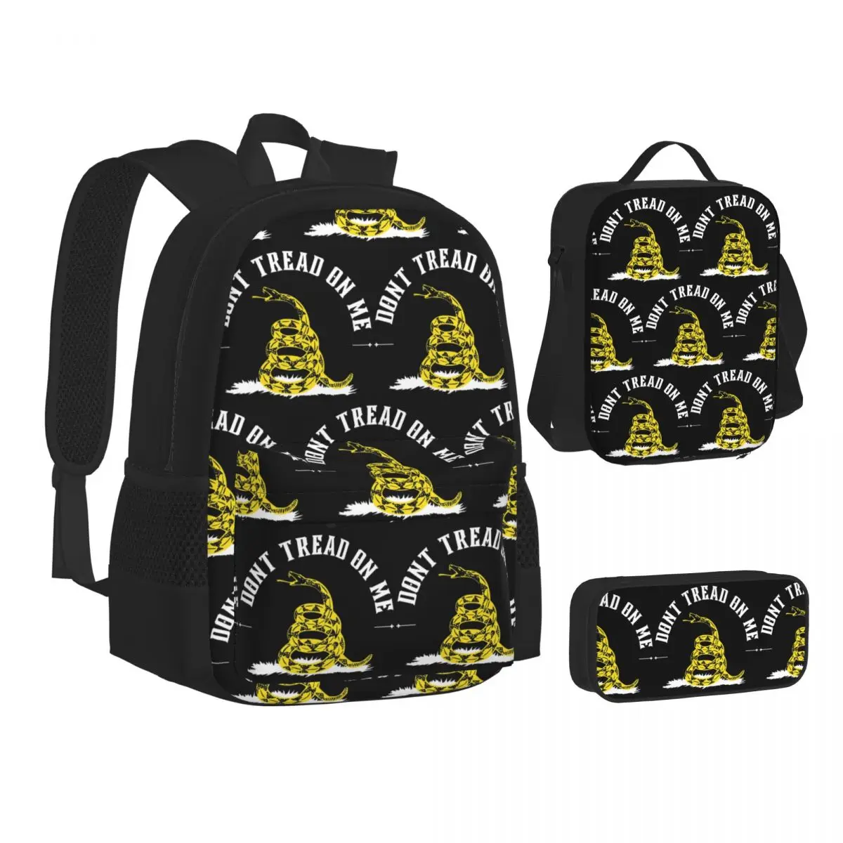 

Don't Tread On Me - Gadsden Flag - Yellow On BlackBackpacks Students School Bags Kids Rucksack Lunch Bag Pen Bag Three-Piece Set
